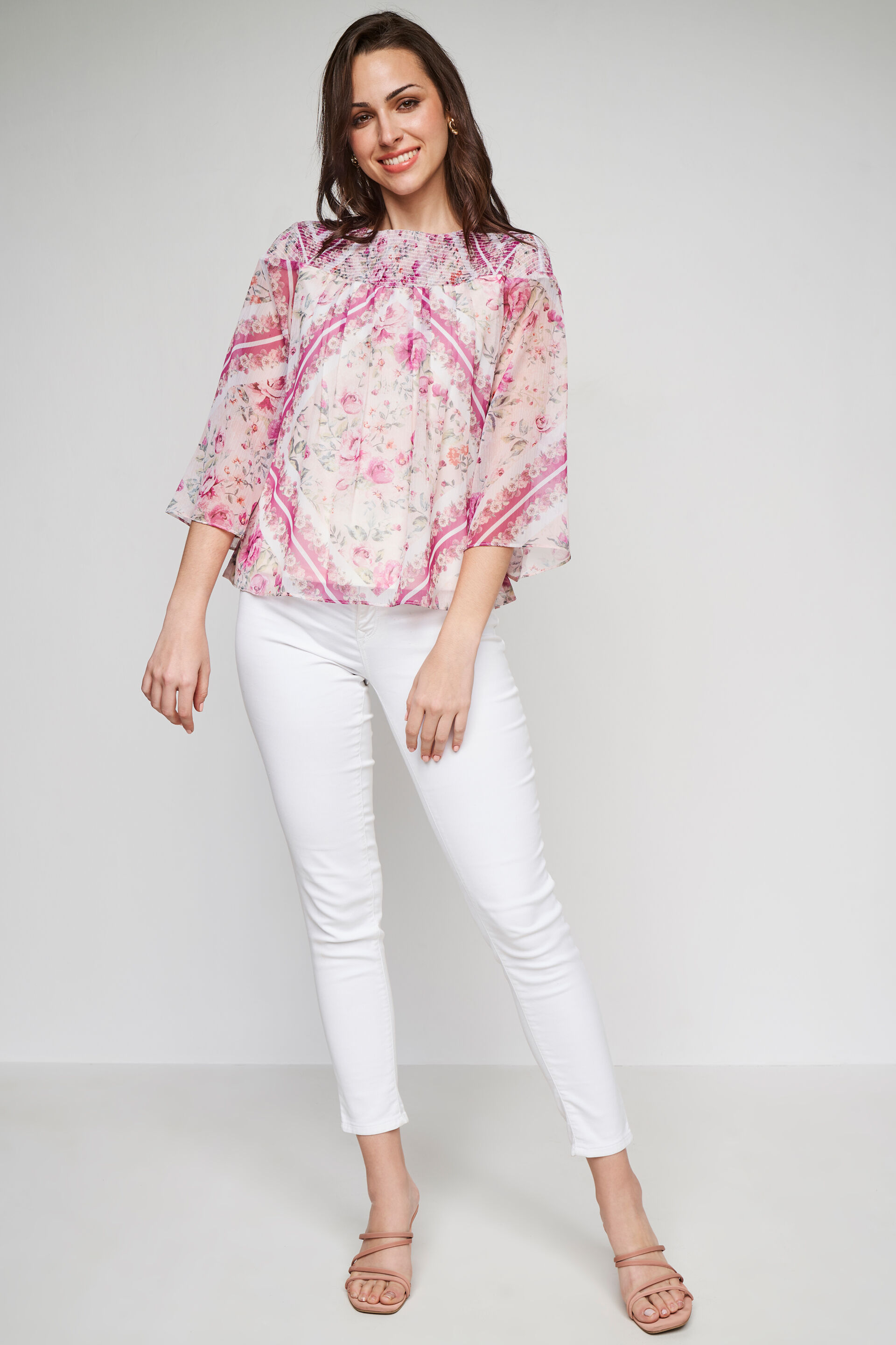 Cream Floral Flared Top, Cream, image 2